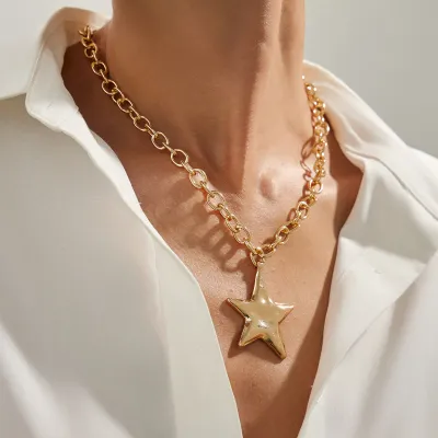 Women Fashion Irregular Knocking Pattern Pentagram Pendant Necklace