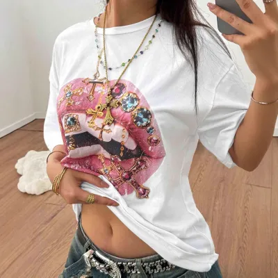 Women Casual Fashion Lip Print Short Sleeve T-Shirt