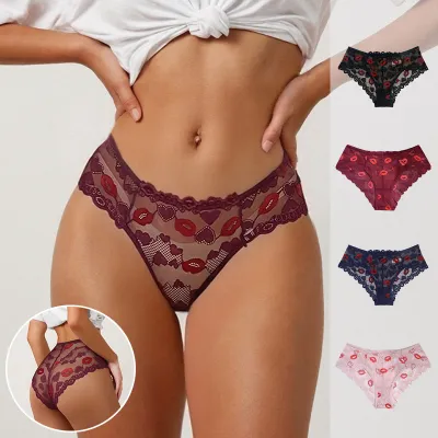Women Fashion Sexy Solid Color Lace Lip Print Thin Embroidery Underwear