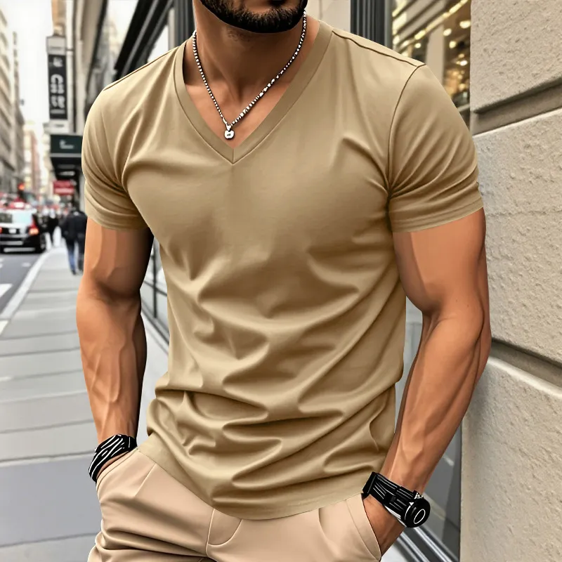 Men'S Fashion Casual Simple Summer Solid Color V-Neck Short-Sleeve Quick-Drying T-Shirt