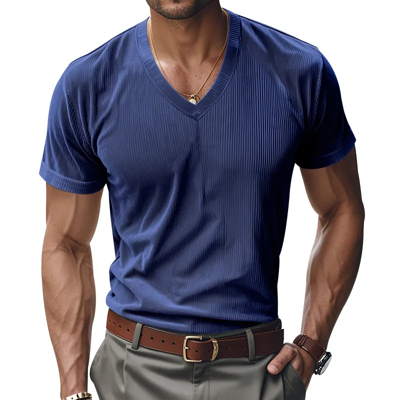 Men'S Fashion Casual Summer Solid Color V-Neck Short Sleeve Loose T-Shirt