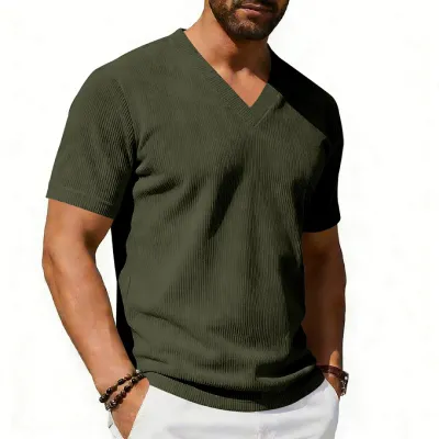 Men'S Fashion Casual Summer Solid Color Corduroy Deep V-Neck Short-Sleeve Loose T-Shirt