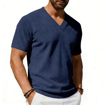 Men'S Fashion Casual Summer Solid Color Corduroy Deep V-Neck Short-Sleeve Loose T-Shirt
