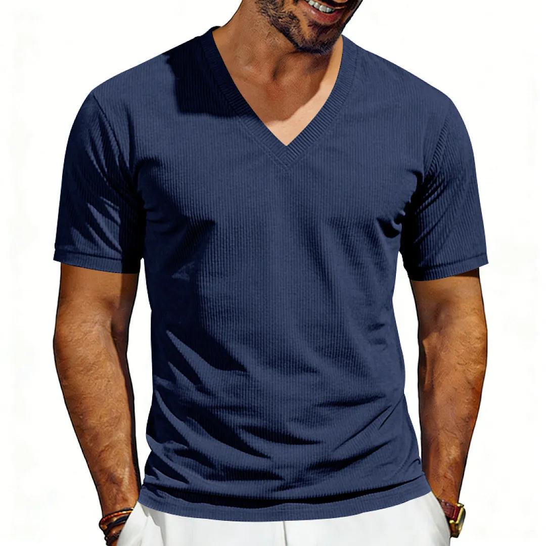 Men'S Fashion Casual Summer Solid Color Corduroy Deep V-Neck Short-Sleeve Loose T-Shirt