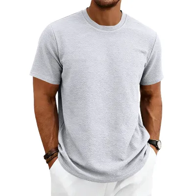 Men'S Fashion Casual Summer Solid Color Texture Short Sleeve T-Shirt