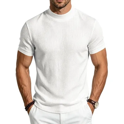 Men'S Fashion Casual Summer Solid Color Wrinkle Pattern Slim-Fit Short-Sleeve T-Shirt