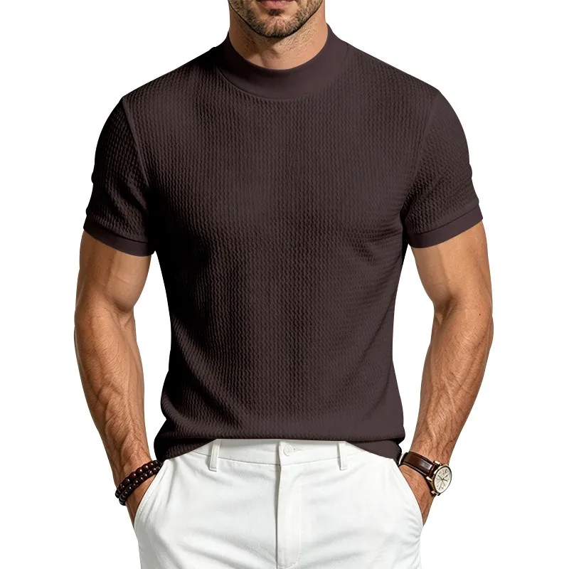 Men'S Fashion Casual Summer Solid Color Wrinkle Pattern Slim-Fit Short-Sleeve T-Shirt