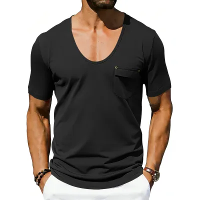 Men'S Fashion Casual Summer Solid Color Loose Breathable Pocket Short-Sleeve T-Shirt