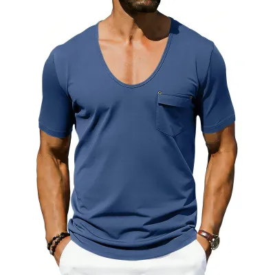 Men'S Fashion Casual Summer Solid Color Loose Breathable Pocket Short-Sleeve T-Shirt
