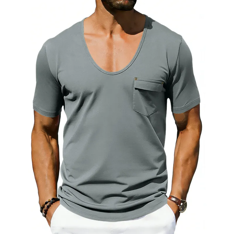 Men'S Fashion Casual Summer Solid Color Loose Breathable Pocket Short-Sleeve T-Shirt