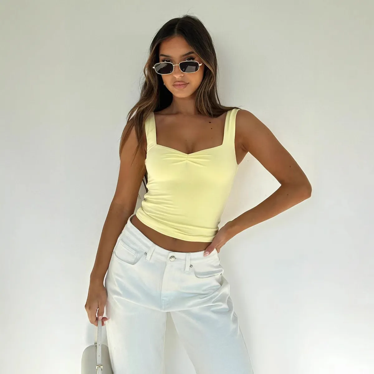 Women Fashion Solid Color Square Collar Cropped Top