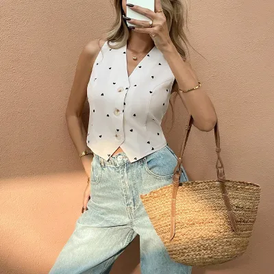 Temperament Women Fashion Heart Print Sleeveless Tanks
