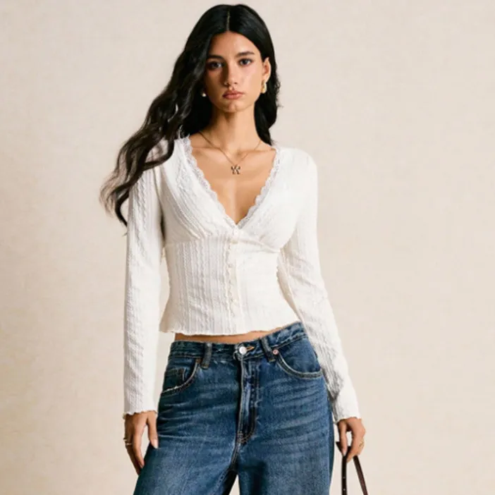 Women'S Fashion Solid Color Lace Stitching V-Neck Long Sleeve Cropped Top