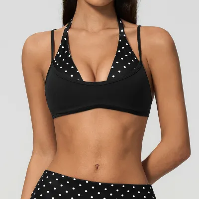 Women Fashion Sexy Summer Contrast Color Hanging Neck Fake Two-Piece Yoga Bra