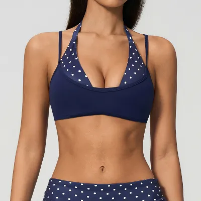 Women Fashion Sexy Summer Contrast Color Hanging Neck Fake Two-Piece Yoga Bra