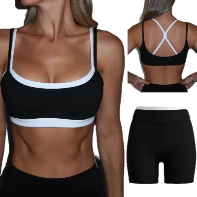 Women Fashion Contrast Color Quick-Drying Bra With Chest Pad High Waist Tight Shorts Yoga Two-Piece Set