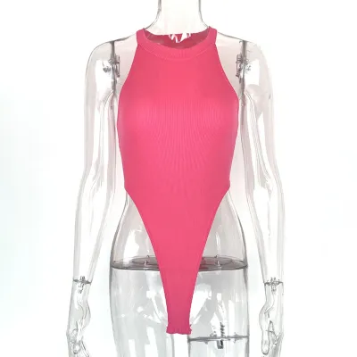 Women Fashion Sexy Summer Solid Color Sleeveless Hanging Neck Slim-Fit Bodysuits