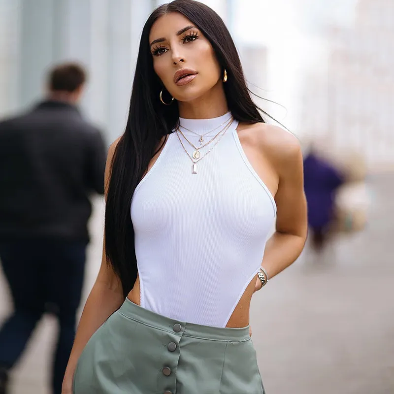 Women Fashion Sexy Summer Solid Color Sleeveless Hanging Neck Slim-Fit Bodysuits
