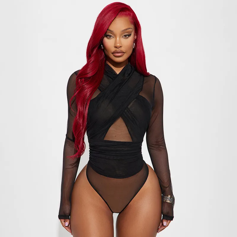Women Fashion Sexy Solid Color Stitching Mesh Cross-Hanging Neck Long-Sleeve Tight Bodysuits