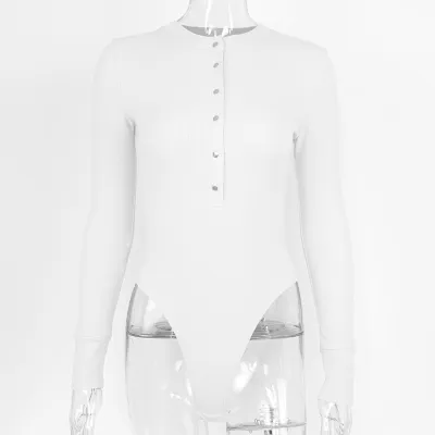 Women Fashion Spring Solid Color Rib Long Sleeve Bodysuits