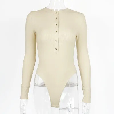Women Fashion Spring Solid Color Rib Long Sleeve Bodysuits
