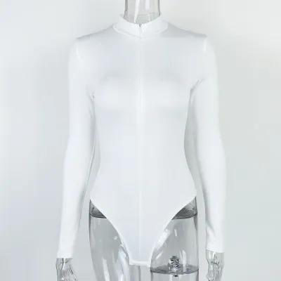 Women Fashion Autumn And Winter Solid Color Long Sleeve Zipper Tight Bodysuits