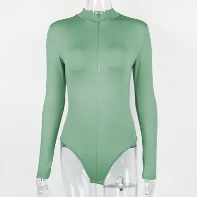 Women Fashion Autumn And Winter Solid Color Long Sleeve Zipper Tight Bodysuits