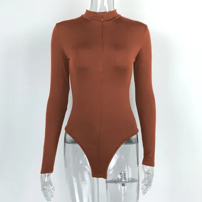 Women Fashion Autumn And Winter Solid Color Long Sleeve Zipper Tight Bodysuits