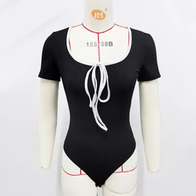Women Fashion Sexy Summer Contrast Color U-Neck Short-Sleeve Slim-Fit Bodysuit
