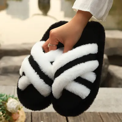 Women Fashion Spring And Autumn Cross Belt Stitching Warm Casual Thick Bottom Slippers