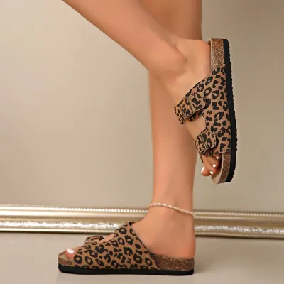 Women Fashion Leopard Belt Buckle Round-Toe Platform Slippers