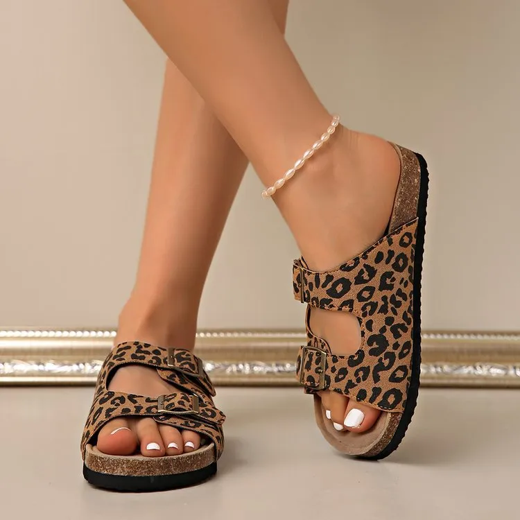 Women Fashion Leopard Belt Buckle Round-Toe Platform Slippers