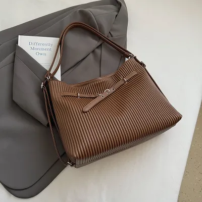 Women Fashion Casual Solid Color Leather Stripe Large Capacity Tote Bag