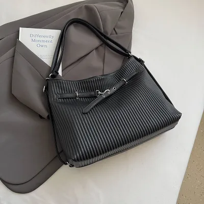 Women Fashion Casual Solid Color Leather Stripe Large Capacity Tote Bag