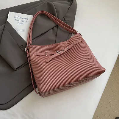 Women Fashion Casual Solid Color Leather Stripe Large Capacity Tote Bag
