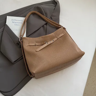 Women Fashion Casual Solid Color Leather Stripe Large Capacity Tote Bag