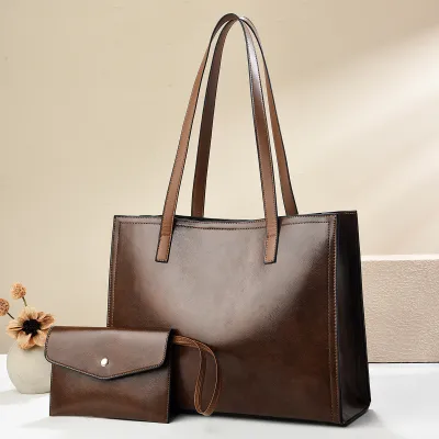 Women Fashion Casual Solid Color Pu Large Capacity Tote Bag