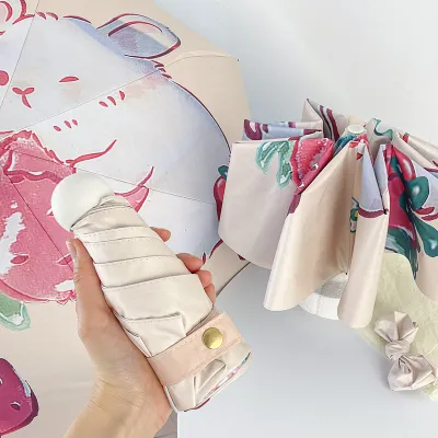 Fashion Cute Printed Sunny And Rain Dual-Purpose Portable Sun Protection Five-Fold Umbrella