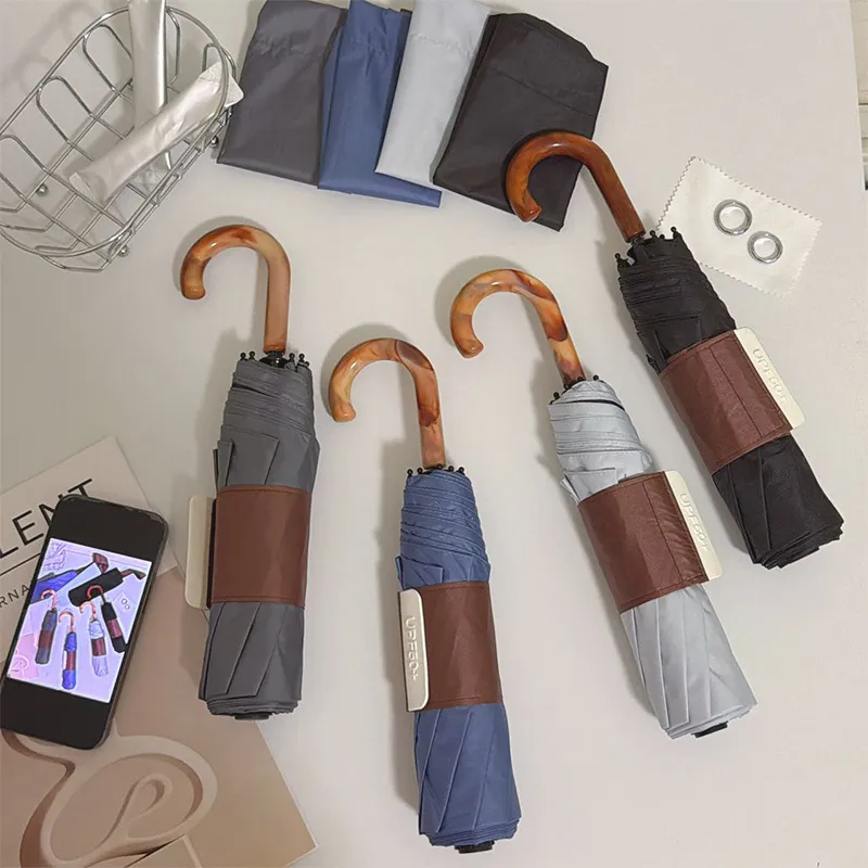 Fashion Retro Coffee Hook Folding-Free Sun Uv Protection Umbrella