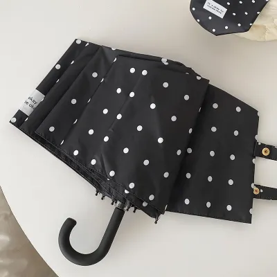 Fashion Polka Dot Print Curved Handle Foldable Uv Protection Sunlight And Rain Protection Dual-Purpose Umbrella