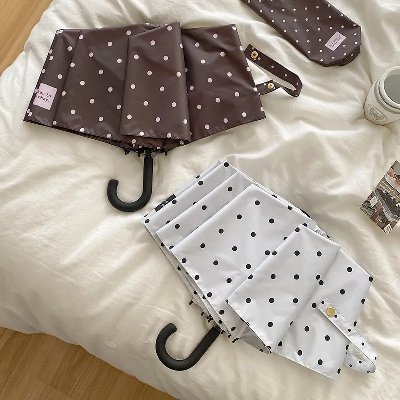 Fashion Polka Dot Print Curved Handle Foldable Uv Protection Sunlight And Rain Protection Dual-Purpose Umbrella