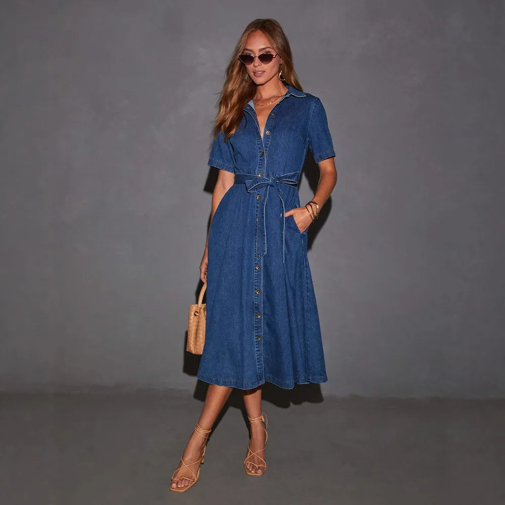 Women Fashion Casual V-Neck Lapel Short-Sleeve Strap A- Line Denim Dress