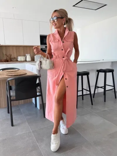 Women Fashion Casual Summer Solid Color Laple Sleeveless Lace-Up Single-Breasted Denim Dress