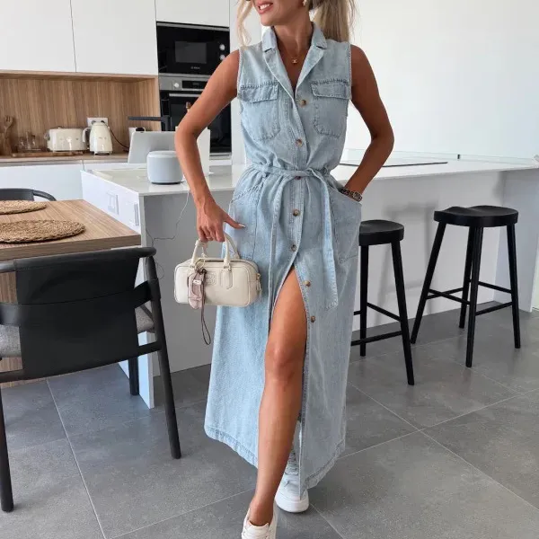 Women Fashion Casual Summer Solid Color Laple Sleeveless Lace-Up Single-Breasted Denim Dress