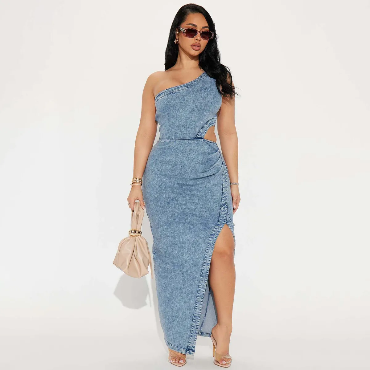 Women Fashion Sexy Sleeveless Backless Slim-Fit Stretch Denim Dress