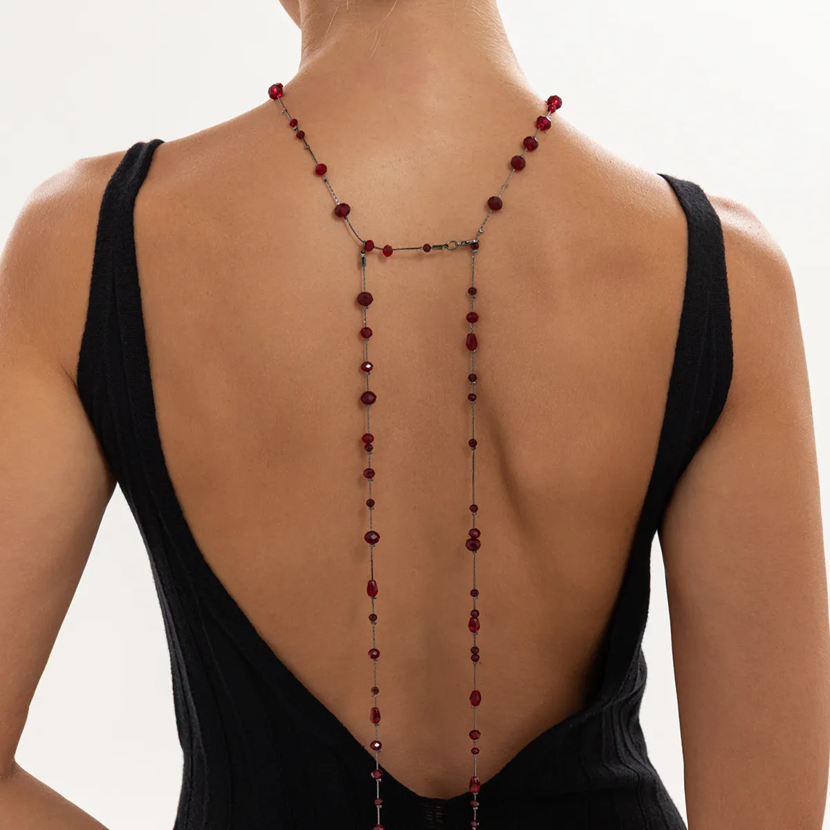 Women Fashion Retro Dark Crystal Beaded Tassel Body Chain