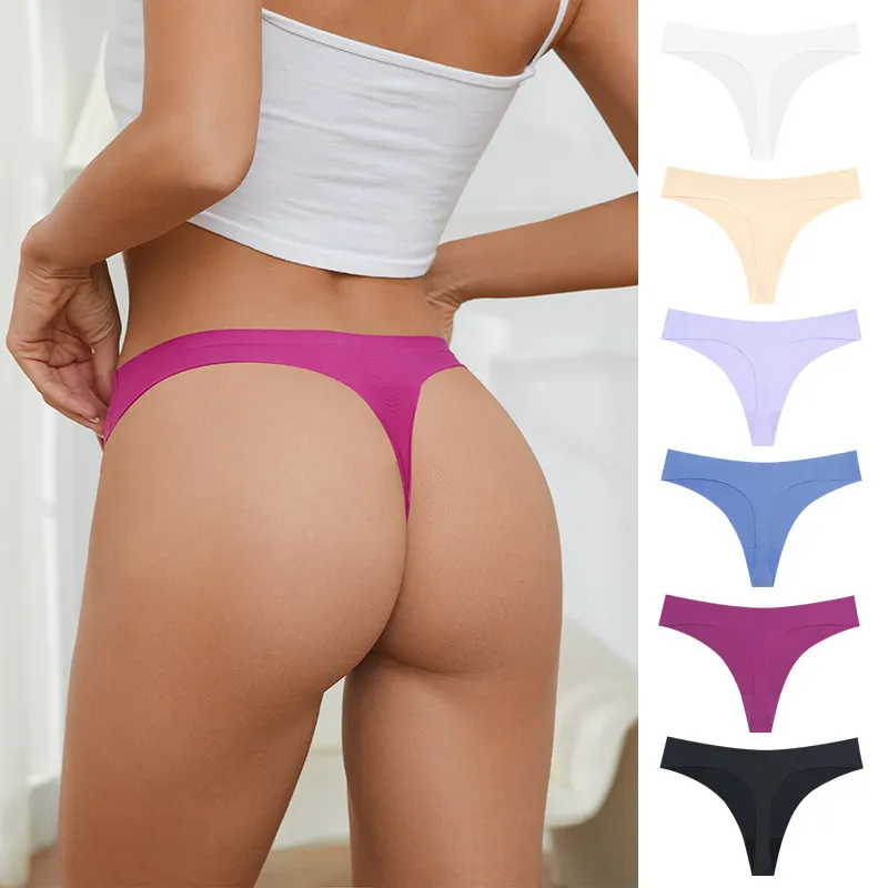Women Fashion Sexy Simple Solid Color Seamless Ice Silk Thong