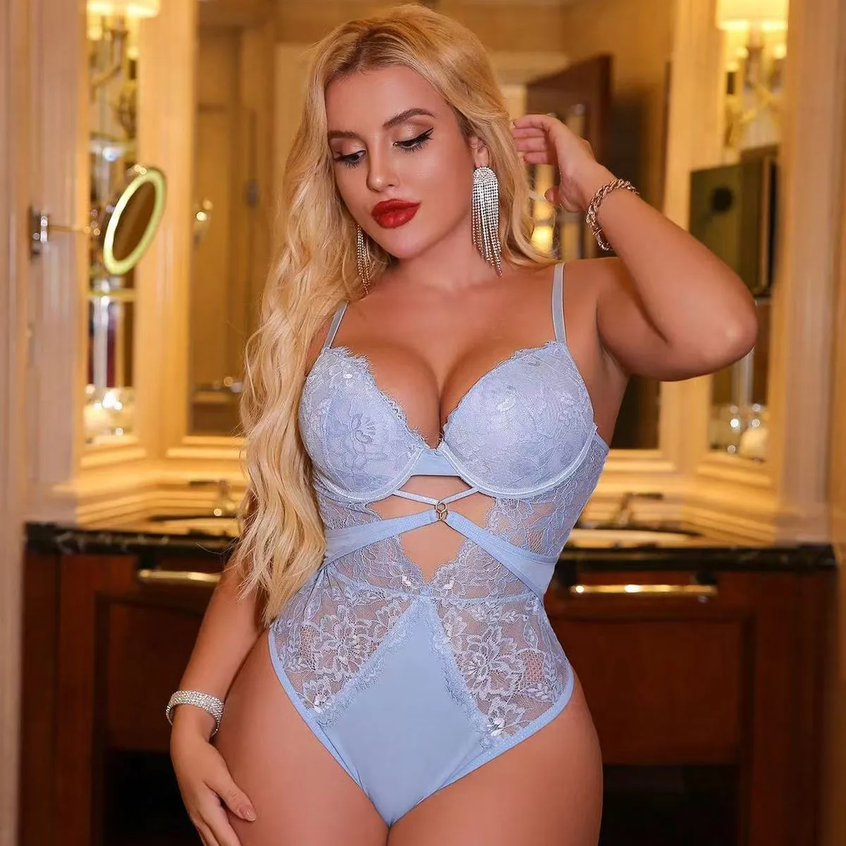 Women Fashion Solid Coloe Lace Slim-Fit Tight One-Piece Sexy Lingerie