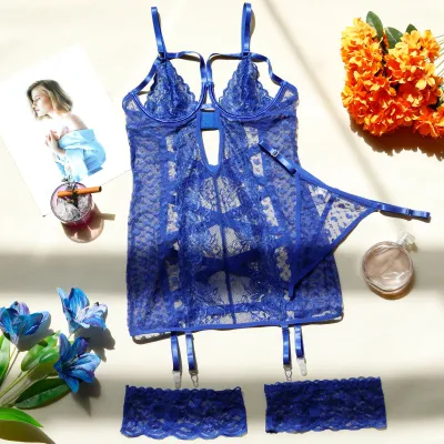 Women Fashion Solid Color Lace Hollow-Out Sexy Lingerie Set