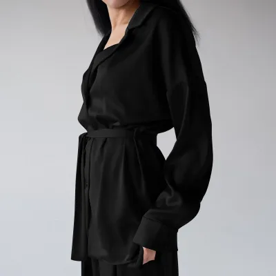 Women Fashion Autumn Imitation Silk Loose Long-Sleeve Cardigan Pants Pajamas Two-Piece Set